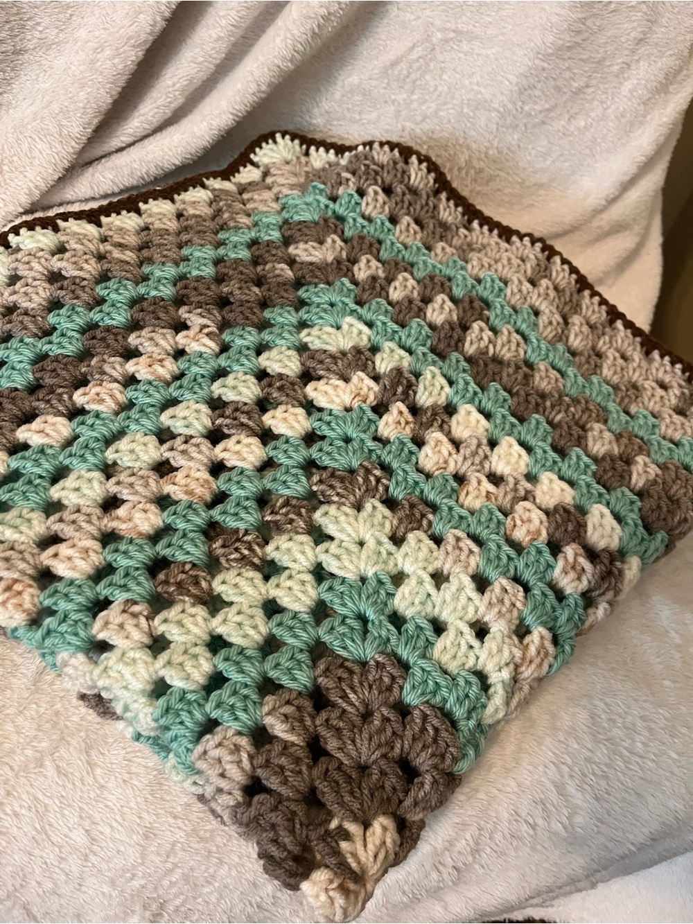 Handmade Crocheted Baby Blanket - Mint, Cream & Brown